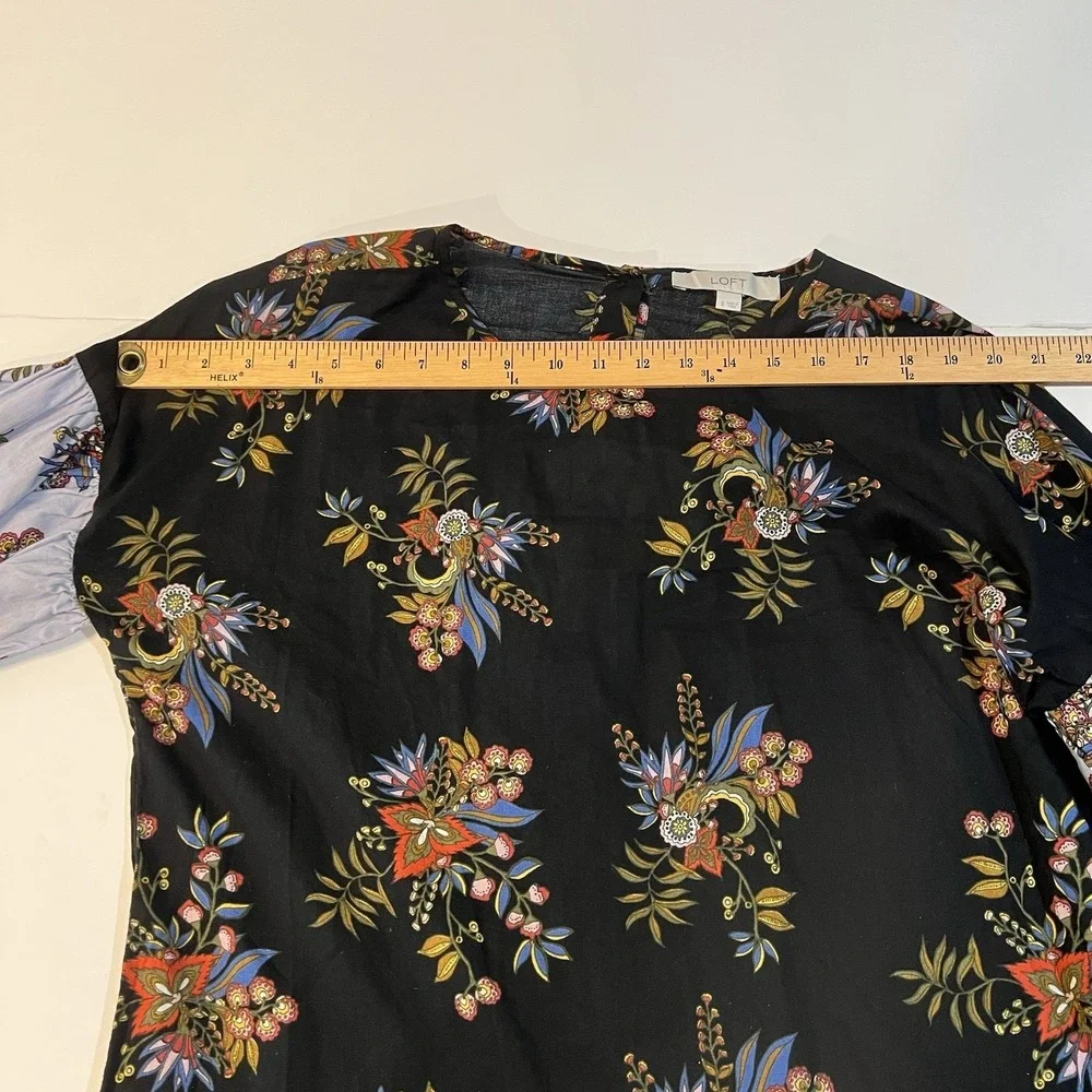 LOFT Womens Black‎ Floral Cotton Puff Sleeve Button Back Blouse Top Small